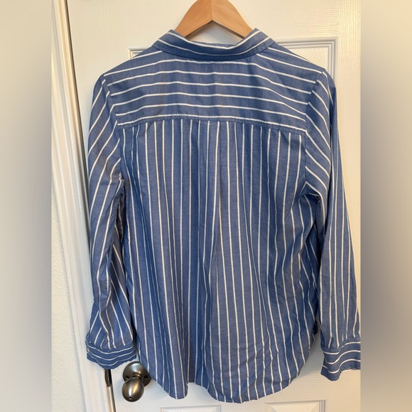 LOFT Button Down Striped Ruffled Blue & White Blouse - Medium - Picture 5 of 6
